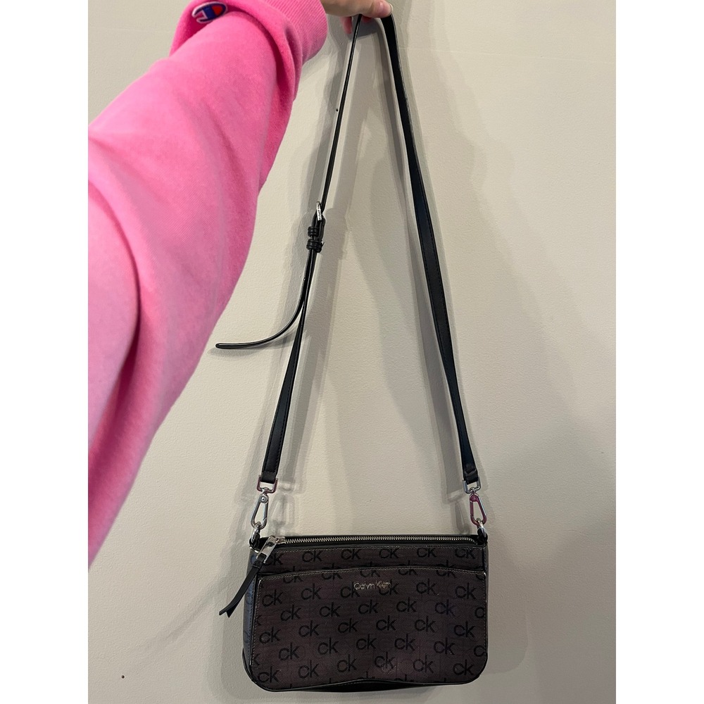Calvin Klein Monogram Crossbody Bag Brown Black Logo Print Messenger Purse